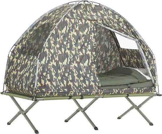 4-in-1 Camping Tent met Opvouwbaar Bed en Slaapzak - Lichtgewicht en Waterdicht voor 1 Persoon van Merkloos