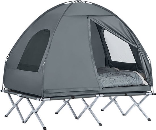 4-in-1 Campingtentbundel voor 2 personen - Pop-up tent - Kampeerbed met ligstoel - Duurzaam Oxford Nylon - Waterdicht polyester - Gemakkelijk te transporteren - 193 cm x 188 cm x 145 cm - Lichtgrijs van Merkloos