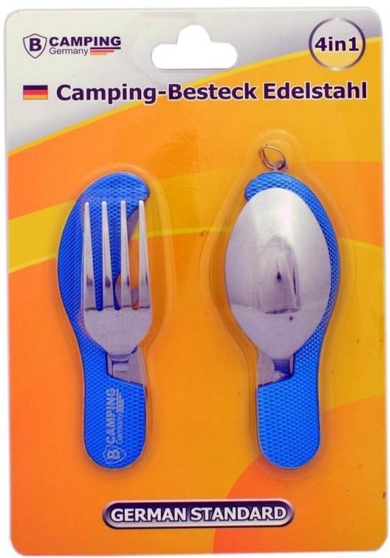 4-in-1 Inklapbaar Camping Bestek - Vork / Lepel / Mes / Flesopener - Roestvrij staal - Survival Bestek - Blauw van Naturehike
