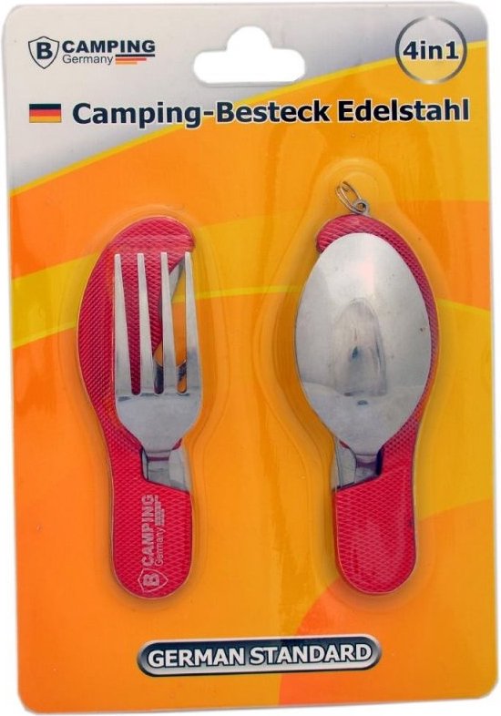 4-in-1 Inklapbaar Camping Bestek - Vork / Lepel / Mes / Flesopener - Roestvrij staal - Survival Bestek - Rood van Gadgy