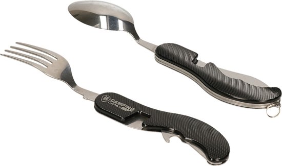 4-in-1 Inklapbaar Camping Bestek - Vork / Lepel / Mes / Flesopener - Roestvrij staal - Survival Bestek - Zwart van Veerkracht.