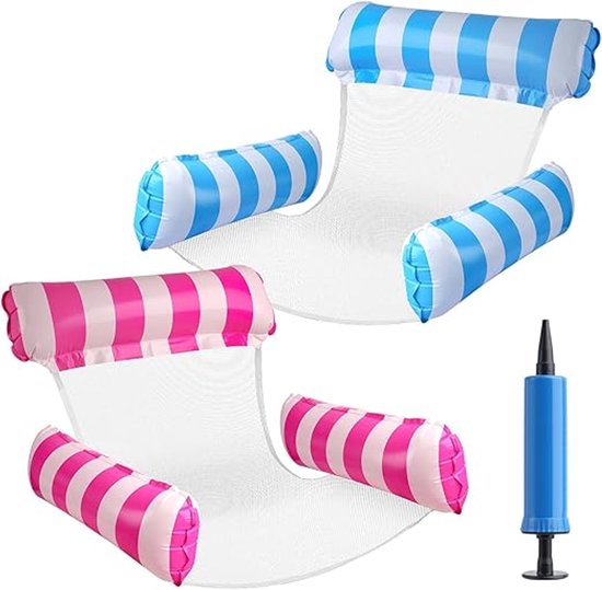 4-in-1 opblaasbare luchtmatras, zwembad, 2 stuks, waterhangmat met rugleuning en armleuningen, waterhangmat met net, inclusief handmatige luchtpompen, perfect voor strand, meer en zwembad van Merkloos