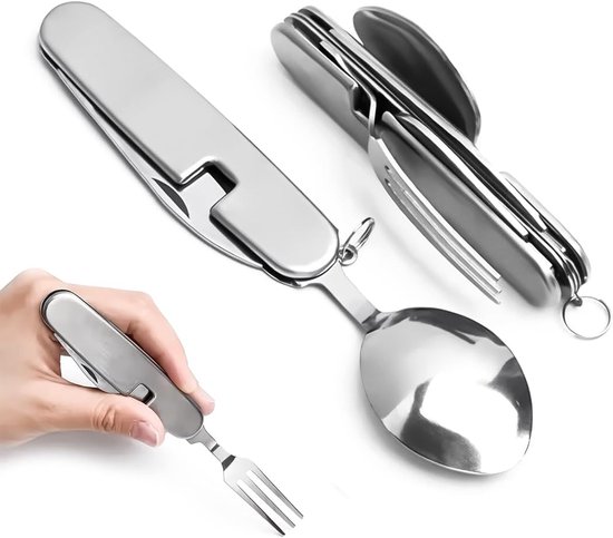 4-in-1 Opvouwbaar bestek - 2 stuks - Reisbestek - Vork / Lepel / Mes / Flesopener in 1 - kampeerbestek - kampeeraccessoires - Bestekzakmes - sleutelhanger - bestekfuncties - voor thuis, kamperen, picknicks en wandelen - 8.9cm - Zilver