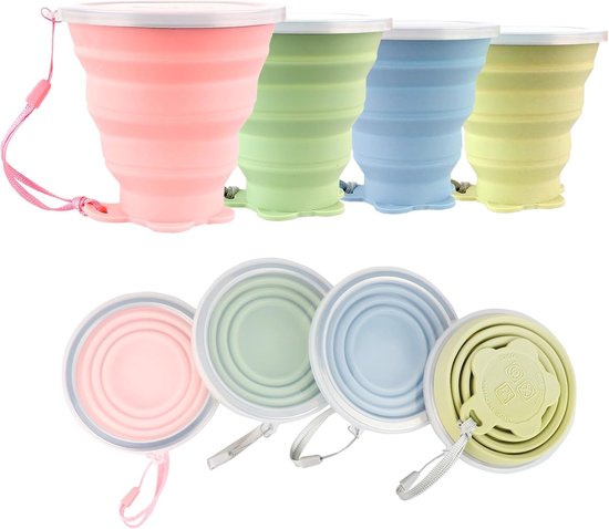 4 Pack 320ML Vouwbare Siliconen Bekers, Herbruikbare Reismokken met Plastic Deksel voor Picknick, Kamperen en Buitenactiviteiten