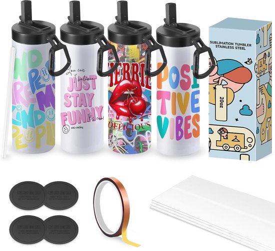 4-Pack Sublimatie Tumblers - 20oz Wit Roestvrijstalen Tumbler met Metalen Rietje en Deksel voor Warmtepers en Sublimatie