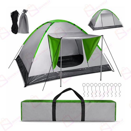 4-Persoons Camping Tent Montana – Waterdicht 5000mm met Luifel & Muskietennet – Lichtgewicht Koepeltent – familie tent – Inclusief Draagtas – 200 x 200 x 110 cm – 50078 van Merkloos