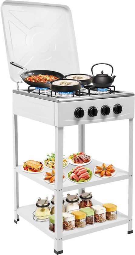 4-Pits Gasplaat – Gasfornuis – Gasbrander – Campingkooktoestel – Buitenkeuken – Windbescherming – Gietijzer Met Hittebestendige Coating – Lichtgewicht & Draagbaar – Wit