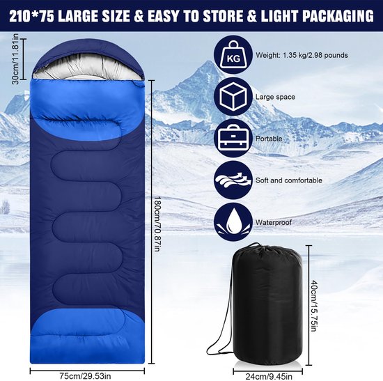 4-Seizoenen Slaapzak - Lichtgewicht en Waterafstotende Camping Slaapzak 210 x 75 cm - Comfortabele Rechthoekige Slaapzak voor Volwassenen en Kinderen - Inclusief Draagtas - Voor Kamperen, Wandelen, Reizen en Outdoor Activiteiten