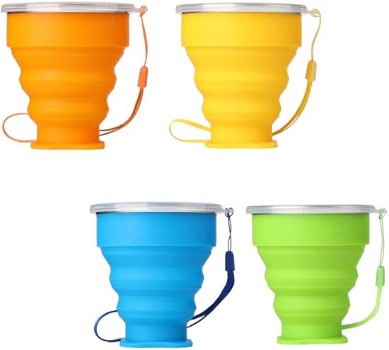 4 Stuks - 200ml opvouwbare beker - mini intrekbare beker - siliconen draagbare theekop - koffie telescopische drinkbeker met deksel voor buitenreizen - Oranje+Geel+Blauw+Groen