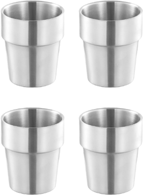 4 stuks - Bekers - Inhoud 180ml - Drinkbekers - Koffiekopjes - RVS - zilver - Zonder handvat - stapelbare - Dubbelwandig - Herbruikbaar - voor thuis Restaurant Feest Camping van MamboCat