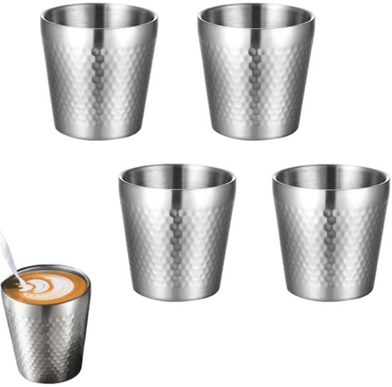 4 stuks – Bierbeker – Dubbelwandige drinkbeker - Dubbelwandige Rvs Bekers - Koffiekopjes - Eetbeker – Campingbeker – Verbrandingsbestendig – Stapelbaar – 175 ml – Zilver – Geschikt voor op reis, kamperen, barbecues, op kantoor en feestjes