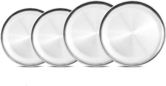 4 Stuks Camping Borden - Roestvrij Staal Servies - Φ 17cm Rond - Krasbestendig Matte Afwerking - Voor Picknick Wandelen Feesten - Zilverkleurig Retro