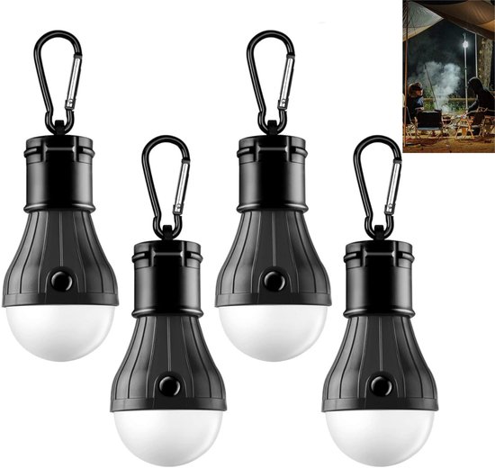 4 stuks - draagbare LED-tentlamp - waterdichte kampeerlantaarn -noodverlichting met karabijnhaak - op batterijen - ABS-materiaal - voor wandelen, feesten, kamperen, vissen - zwart van Merkloos