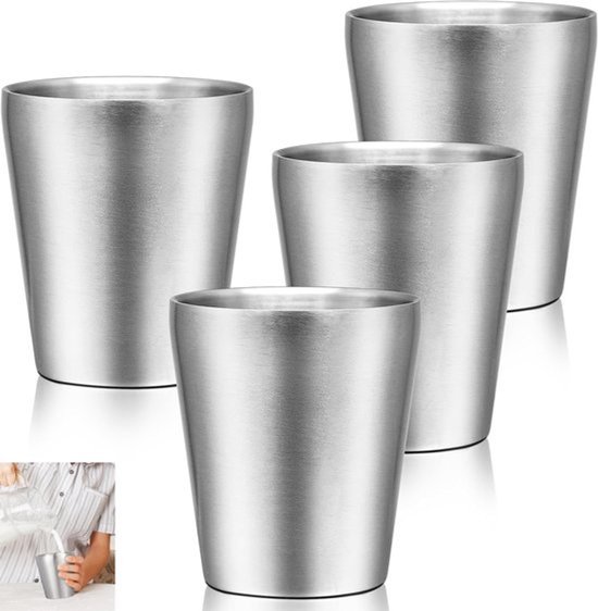 4 stuks - drinkbeker - Dubbelwandige drinkbeker - Metalen drinkbeker - 304 roestvrijstalen beker - Geïsoleerde roestvrijstalen beker - 175 ml geïsoleerde beker - Geschikt voor thuis, kamperen, camper, barbecue, kantoorfeest (zilver)