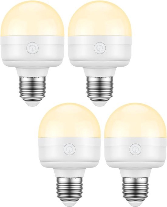 4 Stuks E27 Oplaadbare LED Lamp 7W met Afstandsbediening & Timer – Magnetische Dimbare Lamp met USB-C Opladen, 2500mAh Batterij, 3 Kleurtemperaturen – Draadloze Noodverlichting voor Binnen & Buiten van Merkloos