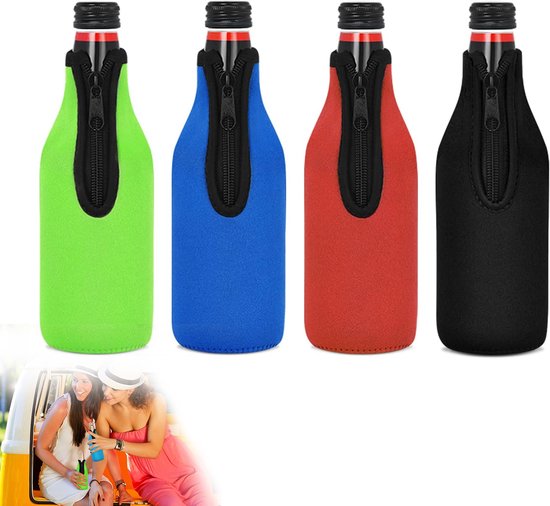 4 Stuks - flessenkoeler - Bierfleskoelerhoezen, standaard ritssluiting, extra dikke neopreen geïsoleerde hoes - houdt bier koud en handen warm, antislip 12 OZ Longneck flessenhouder - Koeltas van neopreen voor flessen Koelboxen & -elementen van Sunwuun
