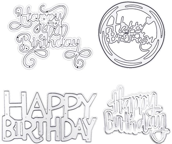 4 stuks Happy Birthday-stans, Happy Birthday-stansmachine, reliëfmeter, doe-het-zelf kaartenproductiestands, metalen stansen