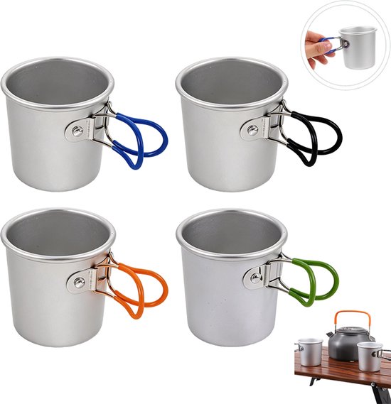 4 stuks - Kampeer beker - Aluminimum beker - Kampeer beker metaal - Aluminium bekers kamperen - Opvouwbare drinkbeker - Met opvouwbare handvat - 65mm Lichtgewicht Drinkbekers - voor Buiten Wandelen & Picknick