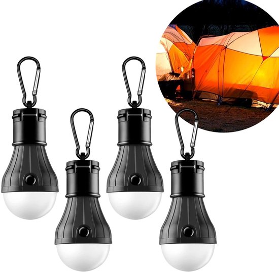 4 stuks - Kampeerlamp - Camping tentlamp - 3LED lamp - Met h4 aak - Hanglamp voor kamperen - Zwart - Zonder batterijen - Noodlamp - Draagbare LED tentlamp - Geschikt voor kamperen en wandelen