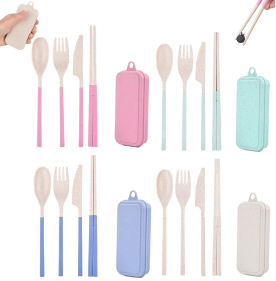 4 stuks Opvouwbare bestekset - Herbruikbare bestekset - Draagbare bestekset - Bestekset met opbergdoos - Inclusief lepel - mes - vork en eetstokjes - Geschikt voor volwassenen - Perfect voor op reis - picknicks - kamperen of verjaardagsfeestjes