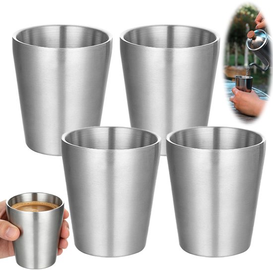 4 stuks - Roestvrijstalen mokken - Koffiemokken - Mokken voor koude dranken - Hittebestendige watermokken - Biermokken - Stapelbaar en herbruikbaar - Campingmokken- Geschikt voor wandelaars gezinnen reizigers en picknicks in de buitenlucht
