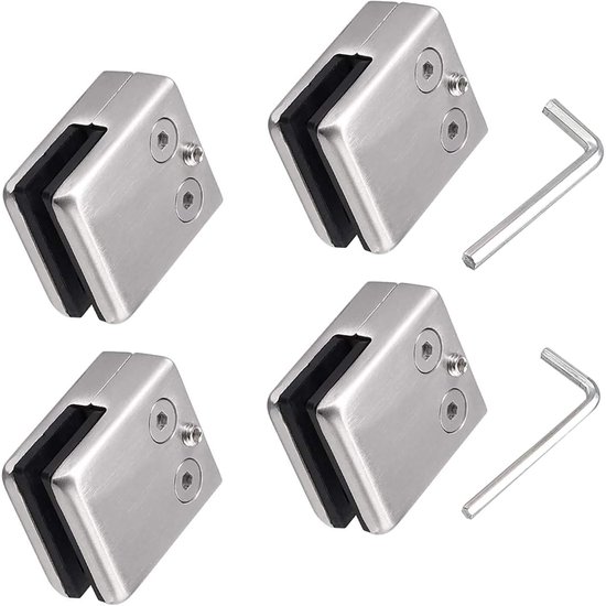 4 stuks RVS glasklemmen, aanpasbaar voor 8–10 mm glas, Spiegelbevestiging, Glazen railing, keukenachterwand glas van Merkloos