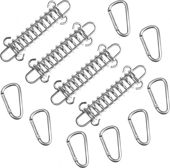 4 stuks - Tenttrekveer - Spanveer - veergesp - tent springveren - 9,2 x 3 cm - RVS - zilver - met dubbele haak - met 8 stuks D-vormige gesp - Voor Tenten, Luifels, Boten, Caravan