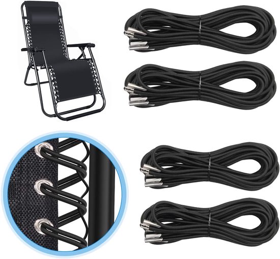 4 stuks - vervangende snoeren - 1.4m en 2.2 m - vervangend touw voor loungestoel - vervangend touw voor de stoel - vervangende elastische snoeren - accessoires voor relaxfauteuils - voor ligstoelen en tuinstoelen - zwart