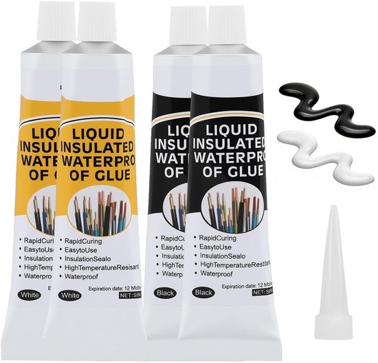 4 stuks vloeibare isolatielijm, 30 ml, zwart en wit, elektrische waterdichte gel, isolatietape, vloeibaar, sneldrogend en waterdicht, geschikt voor alle soorten kabels en elektrische
