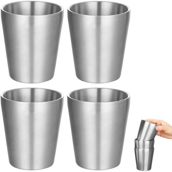4 stuks - Waterbeker van roestvrij staal - Bierbeker - Dubbelwandige drinkbeker - drinkbeker - Eetbeker - Campingbeker - Verbrandingsbestendig - Stapelbaar - 175 ml - Zilver - Geschikt voor op reis, kamperen, barbecues, op kantoor en feestjes