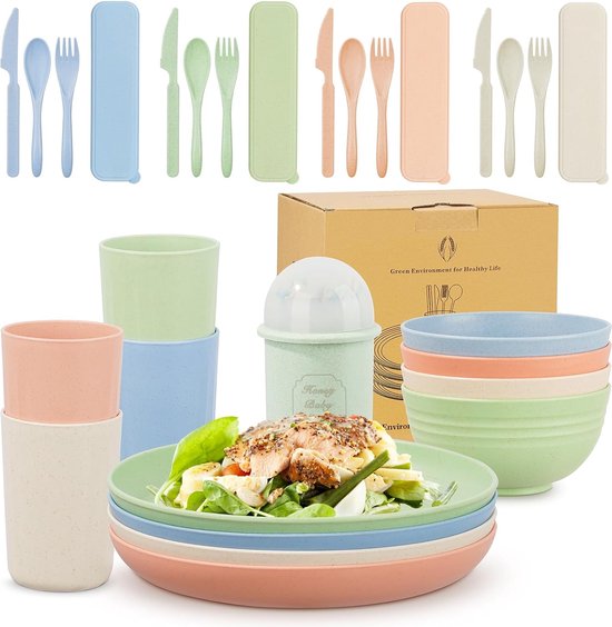 40-delige camping servies set, lichtgewicht en onbreekbaar plastic diner set voor 4 personen, bord, kom, bekers, bestek set geschikt voor familiediners, picknicks. van Merkloos