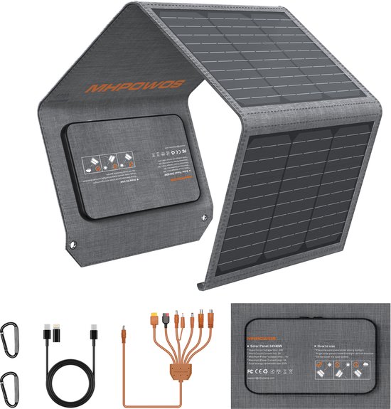 40W Vouwbaar Monokristallijn Zonnepaneel, IP67 Waterbestendig Zonneoplader met USB‑A / USB‑C / DC Uitgang, Draagbaar Zonnepaneel voor Kamperen Wandelen Reizen Noodvoeding