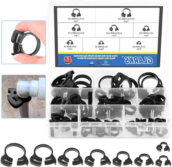 48-delige set nylon slangklemmen in 8 maten - assortiment met zware dubbele grijpende klikklemmen - zwart - 6,6-27,2 mm