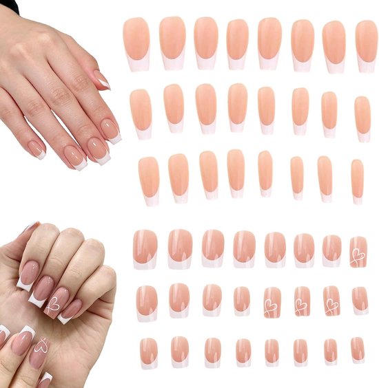48 stuks press on nails, French nagels, middellang, creatieve nepnagels met wit hart, kunstnagels, herbruikbare kunstnagels om op te plakken, voor vrouwen, doe-het-zelf manicure
