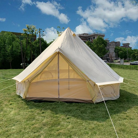 4m 900D Oxford Bell‑tent Luxe Glamping Tent Off‑wit met Schoorsteenopening