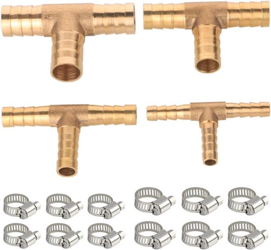 4pcs 3-way T-vormige brandstofslangconnector - messing verbindingsadapter voor benzine - lucht - gas - olie (6/8/10/12mm) + 12pcs slangklemmen van Aiphanix