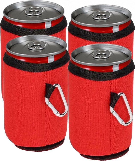 4x Blikjeskoeler - Drankkoeler - Blik hoesje - Can cooler - Koelhoesje - Met karabijnhaak - Drankje koel houden - Biertje koelen - Rood - Jonyx