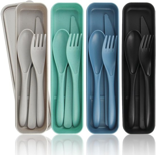 4x Draagbaar Reisbestek Set - Vork, Lepel & Mes in Etui, PP Kunststof, Herbruikbaar & Vaatwasbestendig, Compact voor Camping, Picknick & Schoollunch