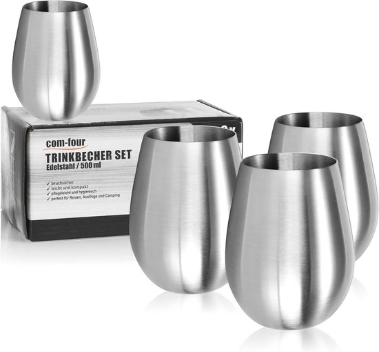 4x Roestvrijstalen Wijnglazen 500 ml - Stemless Wijnbekers voor Reizen - BPA-vrije Reisbeker
