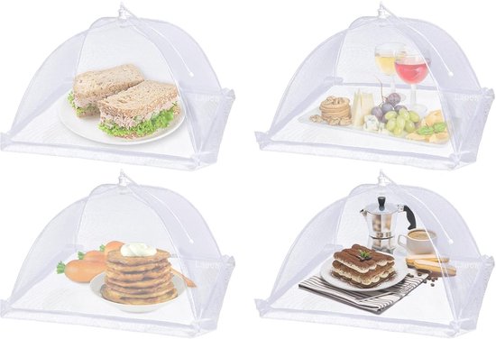 4x Vliegenkap - 17x17 Inch - Vliegenhoes - Voedselhoezen - Witte Nylon Hoezen - Opvouwbaar en Herbruikbaar - Pop-up Paraplu Nettent - Insectenbescherming - Geschikt voor Picknicks, Barbecues en Feesten - Wit van Merkloos