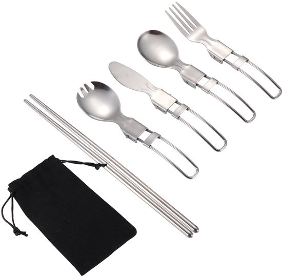 5-Delige Inklapbare Campingbestek Set RVS (304) - Draagbaar Reisbestek met Mes, Vork, Lepel, Spork & Eetstokjes - Compact Outdoor Bestek voor Picknick, Hiken & Backpacken - Inclusief Zwarte opbergtas