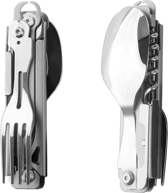 5-in-1 Camping Bestekset RVS – Afneembaar – Lepel, Vork, Mes, Flesopener – Compact en Draagbaar voor Outdoor