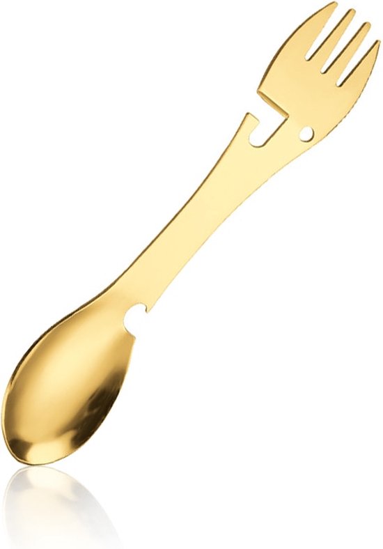 5 in 1 Spork - Lepel, vork, mes, blik en fles opener - camping bestek - rvs spork - goud van Sunytach