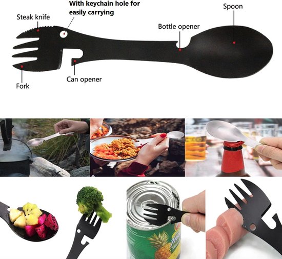 5 in 1 Spork - Lepel, vork, mes, blik en fles opener -  camping bestek - rvs spork - zwart van OLPRO