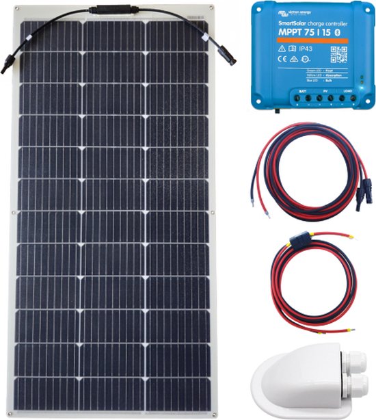 5 Jaar Garantie - Bluetooth Set Flexibel Zonnepaneel 110Wp Caravan, Camper, Boot, Tent - MPPT Victron Energy laadregelaar 75/15 - Zonnepaneel Compleet Pakket - Kabel met connectoren - Plug-Play set schematische tekening en handleiding-Monokristallijn van Monzana
