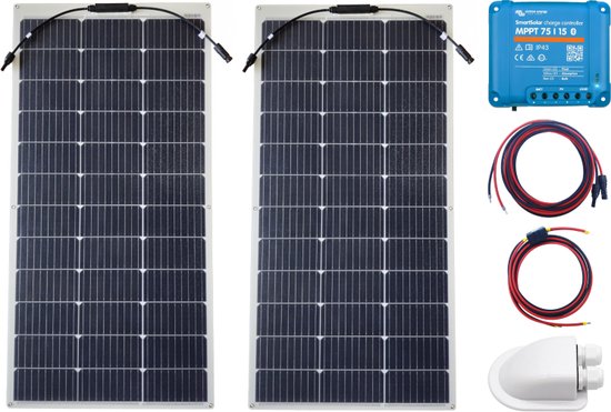 5 Jaar Garantie - Bluetooth Set Flexibel Zonnepaneel 220Wp Caravan, Camper, Boot, Tent - MPPT Victron Energy laadregelaar 75/15 - Zonnepaneel Compleet Pakket - Kabel met connectoren - Plug-Play set schematische tekening en handleiding-Monokristallijn van Vimotech