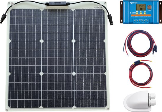 5 Jaar Garantie - Set Flexibel Zonnepaneel 55Wp 12V Caravan, Camper, Boot, Tent of Tuinhuisje - Victron Energy BlueSolar PWM 10A LCD&USB laadregelaar - Zonnepaneel Compleet Pakket - Plug-Play set schematische tekening en handleiding-Monokristallijn van Victron Energy