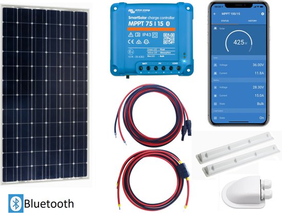 5 Jaar Garantie - Victron Energy Zonnepanelen Set Bluetooth – Set Vast Zonnepaneel 175Wp - Caravan, Camper, Boot, Tent - zonnepaneel Compleet Pakket - Kabel met connectoren - Plug-Play set schematische tekening en handleiding van Victron Energy