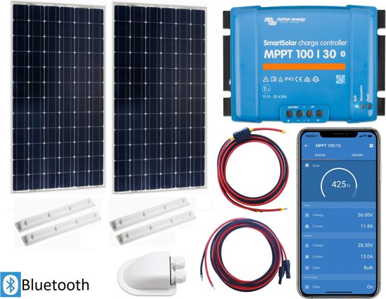 5 Jaar Garantie - Victron Energy Zonnepanelen Set Bluetooth – Set Vast Zonnepaneel 350Wp - Caravan, Camper, Boot, Tent - zonnepaneel Compleet Pakket - Kabel met connectoren - Plug-Play set schematische tekening en handleiding- van Victron Energy