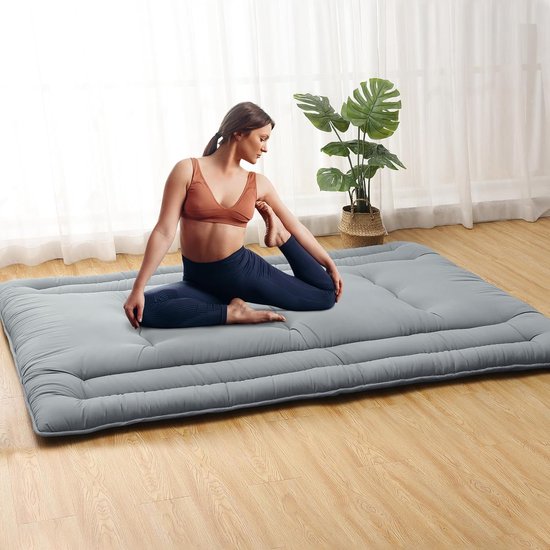 5-laags dik tatami-vloerbed – draagbare oprolbare slaapmat – voor kamperen, camper, studentenhuis, yoga, kinderspel – 203 × 137 × 10 cm – lichtgrijs